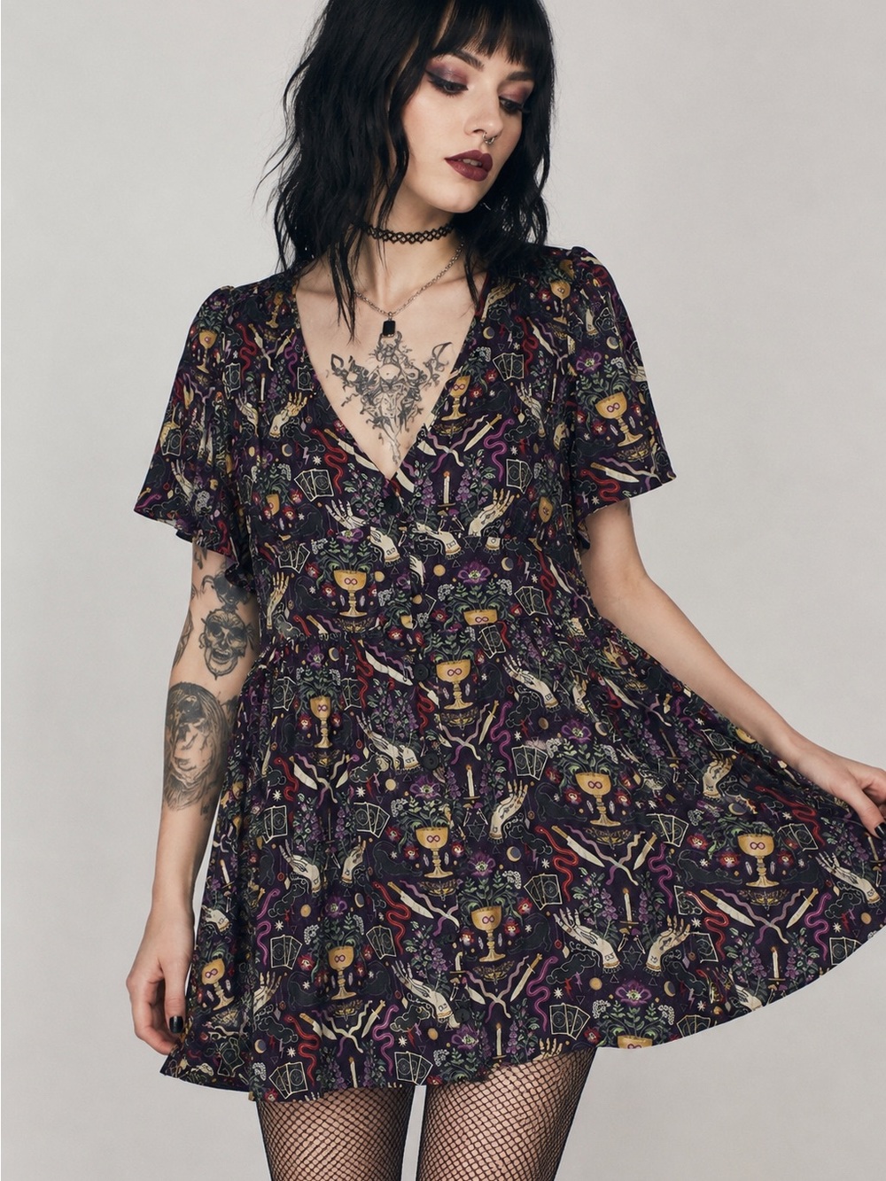 Disturbia Tarot Mystical Print Button Front Mini Dress Witchy Goth US 8